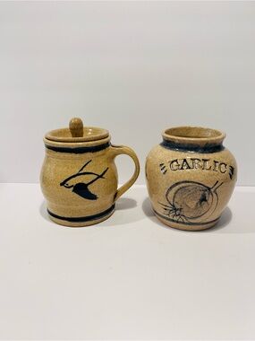 Vtg Rowe Pottery Salt Glazed w/Cobalt Blue Bird Garlic Jar & Lidded Bowl Signed
